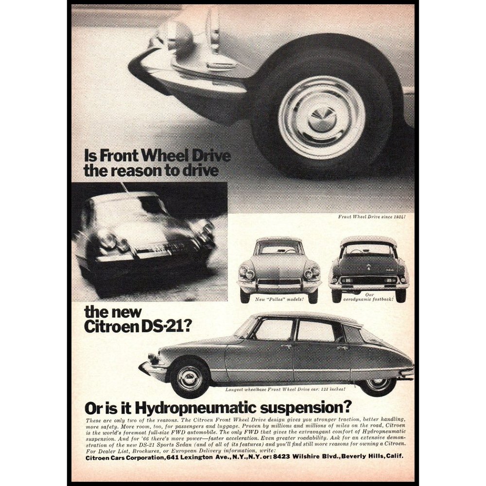 1966 Citroen DS-21 Front Wheel Drive Sedan and Fastback Vintage Print Ad Photo